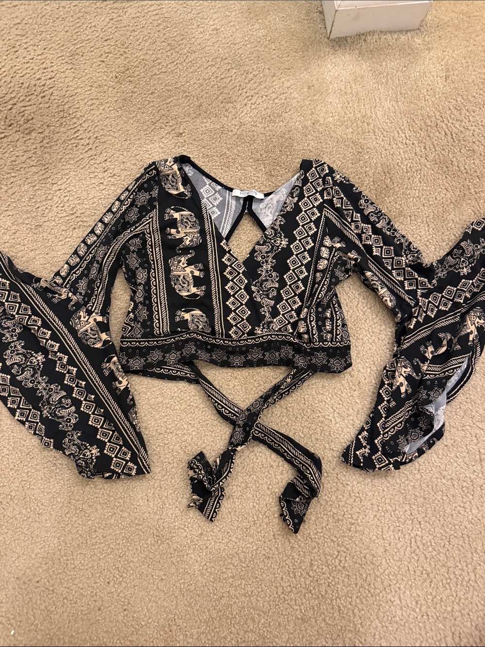 Solemio Black and Cream Printed Wrap Crop Top with Tie Waist
